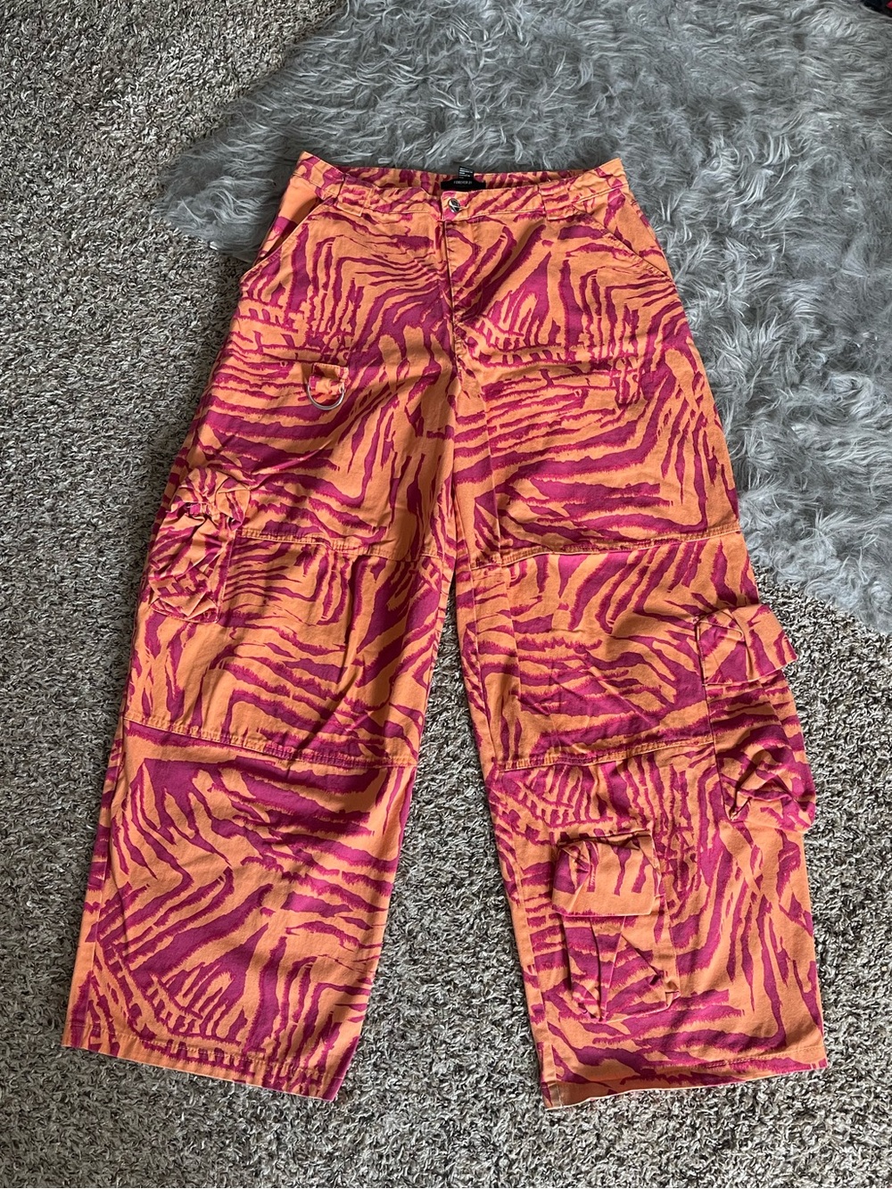 Forever 21 Orange and Pink Zebra Print Cargo Pants